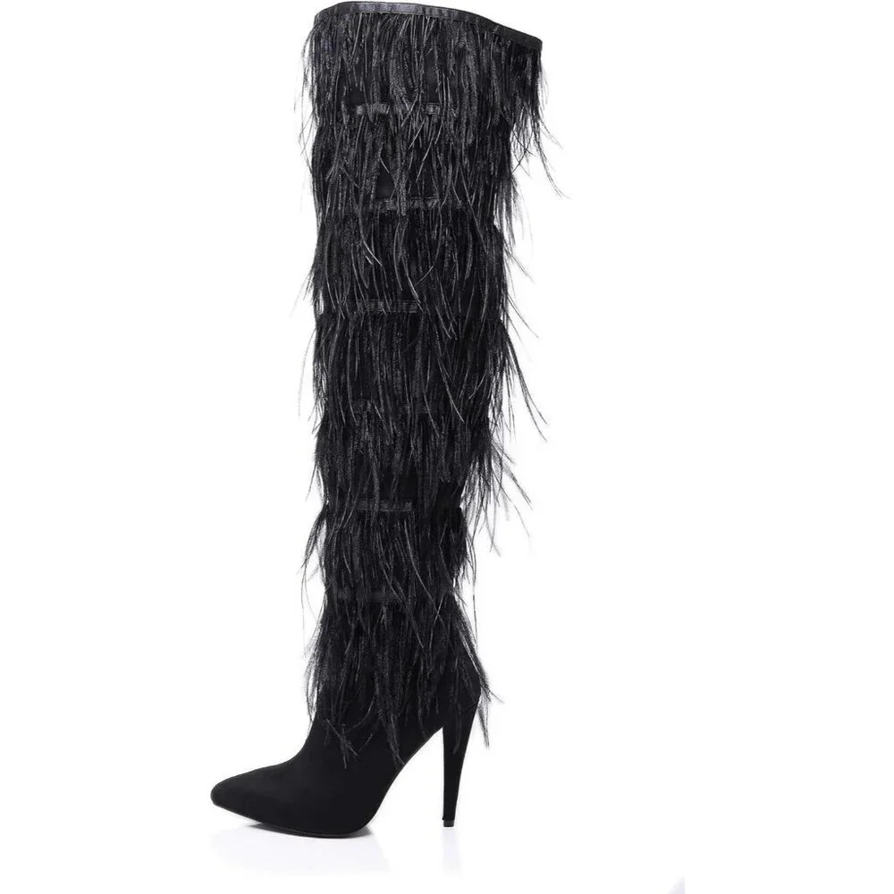 Women Pointed Toe Sparkle Over the Knee Boots Winter Stiletto Heel Thigh Bootie